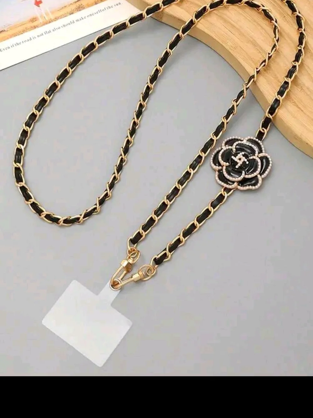 Black and Gold Lanyard with Camila Flower Accent